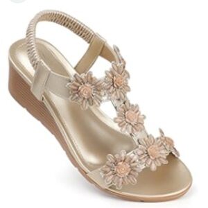 Floral Beige Wedge Sandals, size 8